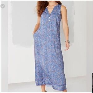 J Jill Blue Paisley Maxi Dress Sleeveless V Neck Button Front Pockets Size L